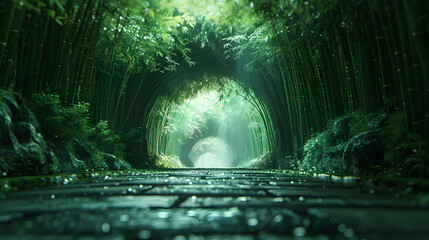 Obraz premium Enchanting bamboo forest path illuminated by mystical green light, inviting a sense of wonder.