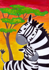 Zebras - mother and baby, drawing for children. Color illustration of wild animals on nature background. African animals - stylized image. Doodle funny style