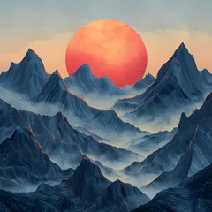 Photo sur Plexiglas Gris foncé Surreal mountain landscape with a large red sun setting behind sharp, textured peaks.