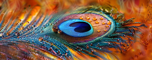 Close-up of a peacock feather with water droplets, showcasing intricate patterns and vibrant colors.