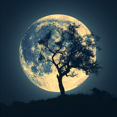 Tree silhouette against a full moon, creating a peaceful and mysterious night scene.
