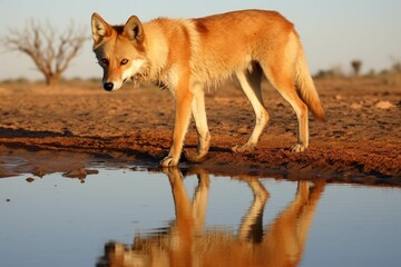 Dingo drinking from a waterhole, reflected in the still surface
