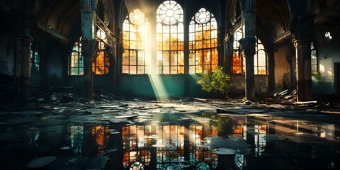 Sunlight filters through stained glass into eerie underwater abandoned gothic factory. Concept Abandoned Factory, Underwater, Stained Glass, Gothic, Sunlight, Eerie Atmosphere