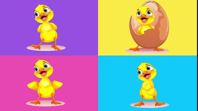 chicks dancing happily on a colorful background