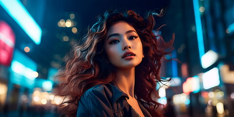 Glamour of a city night with a young Asian woman featuring voluminous curls and a makeup style that shines under city lights.