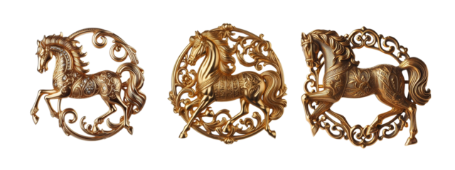 Old fashioned Horse brooch made of gold design set  transparent background