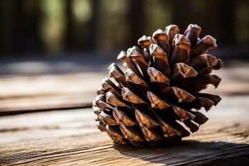 Macro shot of a pine cone on a wooden surface with contrasting textures
