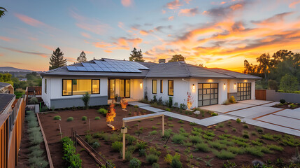 A new eco-friendly house with solar panels on the roof, bathed in the warm glow of sunrise over a landscaped yard. 