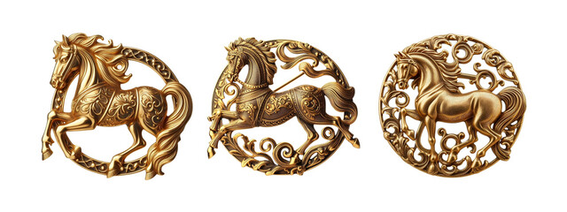 Old fashioned Horse brooch made of gold design set  transparent background