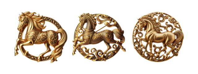 Old fashioned Horse brooch made of gold design set  transparent background
