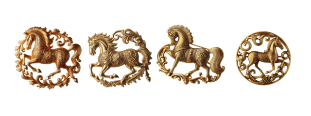 Old fashioned Horse brooch made of gold design set  transparent background