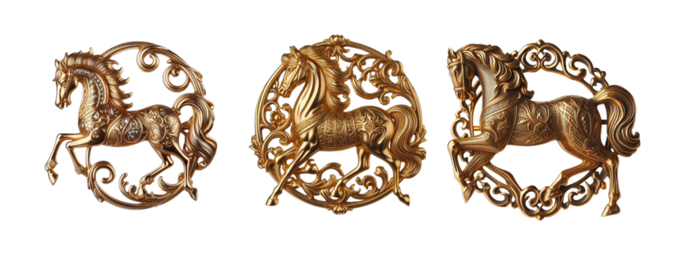 Old fashioned Horse brooch made of gold design set  transparent background