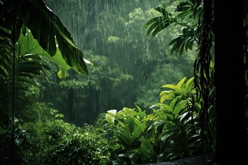Monsoon rainfall over a lush jungle, capturing individual droplets in motion