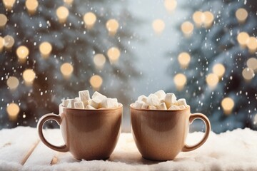 Mugs of hot cocoa with marshmallows against a window with snow falling outside