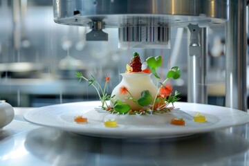 Gourmet dish elegantly presented with vibrant edible flowers and microgreens in a modern kitchen setting