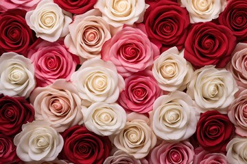 Multiple shades of roses arranged to form a color gradient from red to white