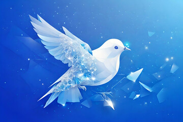 Dove with branch, symbol of international day of peace, from futuristic polygonal blue lines and glowing stars