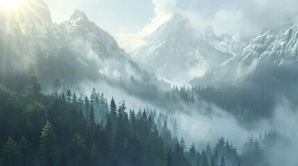 Morning sun and fog on the mountains.