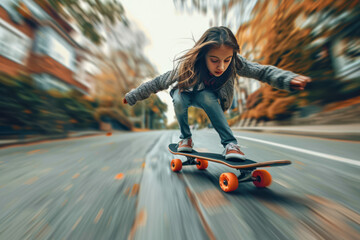 girl riding skateboard down neighborhood sidewalk - Powered by Adobe