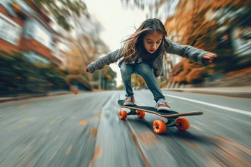 Poster girl riding skateboard down neighborhood sidewalk © Mel