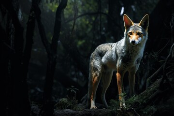 South American gray fox prowling through a moonlit forest