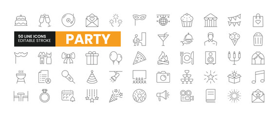 Set of 50 Party and Celebration line icons set. Party outline icons with editable stroke collection. Includes Invitation, Videography, Cake, Gifts, Guest List, and More.