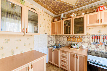 interior kitchen and dining room, refectory area, cooking equipment, table furniture, stove