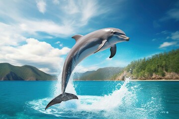 Split-level shot of a dolphin leaping out of clear turquoise waters
