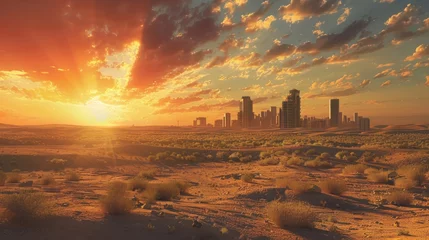 Fotobehang A panoramic view of Riyadh city, capturing the vibrant urban landscape of Saudi Arabia's capital under the clear sky © Chingiz