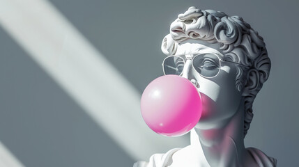 Antique-like male white statue head wears sunglasses and blows pink bubble gum. Contemporary art. Generative AI - obrazy, fototapety, plakaty