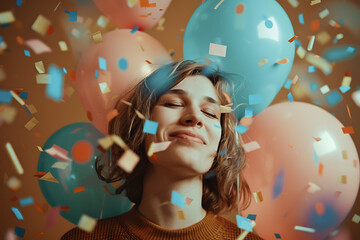 happy birthday concept with balloons and confetti for