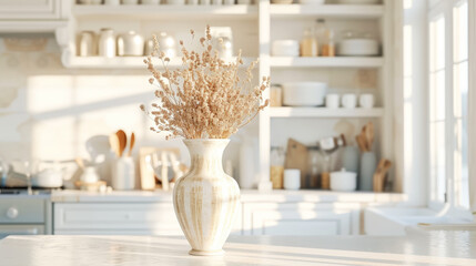 Interior of a modern kitchen with an island. Close-up of a beige fashion vase. Light colors. Generative AI