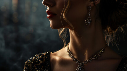 An elegant portrait of a woman adorned in luxurious jewelry against a dark moody background. - obrazy, fototapety, plakaty