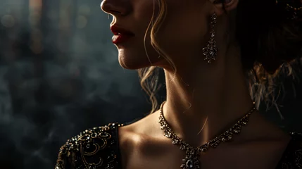 Foto op Plexiglas An elegant portrait of a woman adorned in luxurious jewelry against a dark moody background. © John