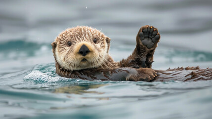 Sea otter Lisboa floating in the water