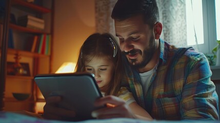 A father and daughter share quality time, engrossed in a tablet's screen, fostering familial connection through modern technology.