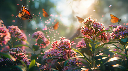 Butterfly Bush blossoms with butterflies in mid-flight.  - Powered by Adobe