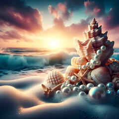 Fantasy seascape seashell with pearls on the ocean waves sea foam sunset_out