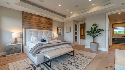 Bedroom exuding contemporary simplicity, seamlessly integrated with an attached bathroom for convenience.