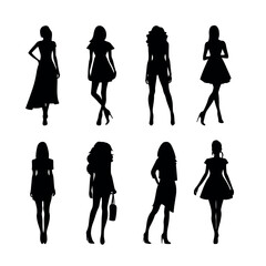Collection of fashion women silhouettes in black color isolated on white