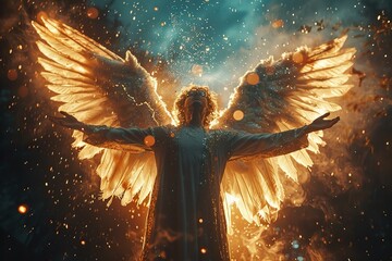 Angel, the messenger of God. Man spreading his arms under wings with a night sky background - obrazy, fototapety, plakaty