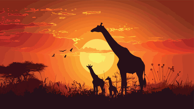 Vector silhouette of giraffes mother with baby 