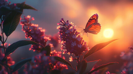 images of a Butterfly Bush against the backdrop of a vibrant sunset.