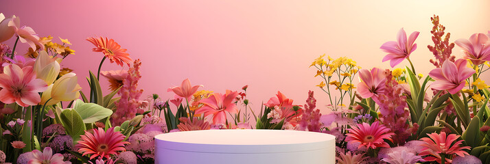 A podium surrounded by vibrant flowers, a burst of color and nature, perfect for showcasing beauty or spring-themed products.