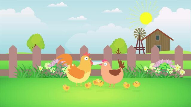Cute Chicken family Cartoon 4K Animation Video Motion Graphics With summer Landscape Background