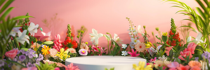 Fototapeta na wymiar A podium surrounded by vibrant flowers, a burst of color and nature, perfect for showcasing beauty or spring-themed products.