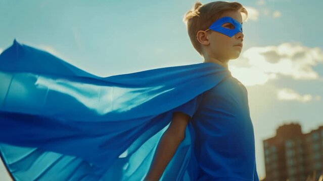 Brave superhero boy in blue costume. Super hero man in cape. Powerful kid play game. Courage child. Little superman ready to save world. Clouds sky background. Children's dream. Happy childhood.