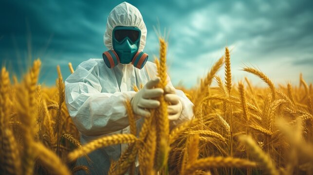 Person in a hazmat suit and gas mask standing in a wheat filed. Concept of toxic pesticide usage.