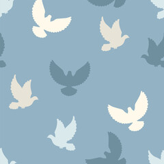 Doves seamless pattern. Background with silhouettes of pigeons on grey. Vector cartoon illustration of flying birds.