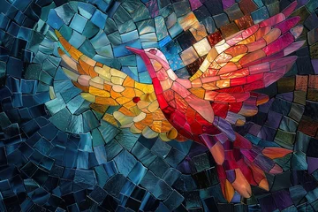 Fotobehang Colorful stained-glass Winged dove, a representation of the New Testament Holy Spirit © krishnendu